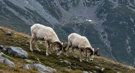 Fototapeta premium Mountain Monarchs Dall Sheep Grazing in Rugged Alpine Terrain