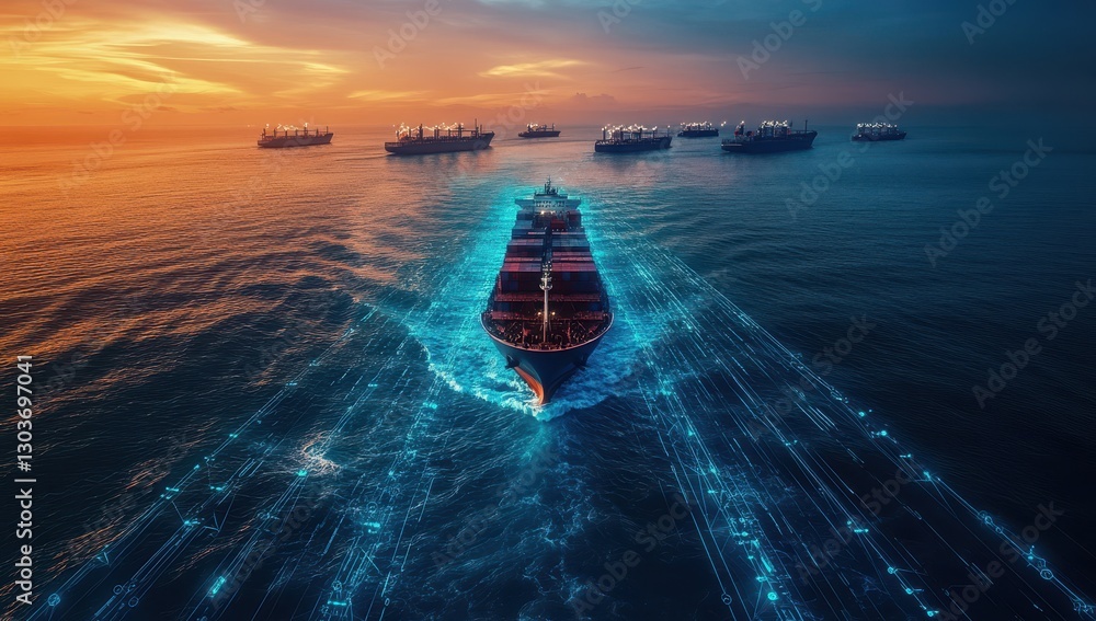Poster container ship navigating through calm waters with digital data visuals at sunset, highlighting mode