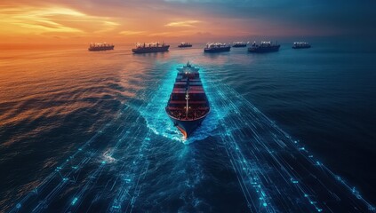 Container ship navigating through calm waters with digital data visuals at sunset, highlighting modern maritime technology and shipping innovation