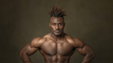 Fototapeta premium Confident Muscular Black Man Posing, Powerful Physique, Bodybuilding, Health, Fitness, Strength
