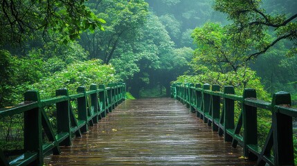 Fototapeta premium Misty rain forest wooden bridge pathway