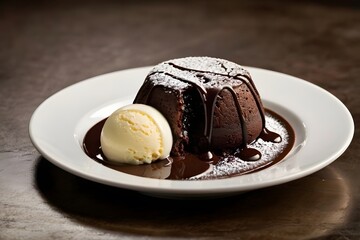 A small, baked round chocolate lava cake with vanilla ice cream on top, drizzled in fudge sauce and melting into the center of its white plate. A spoon is sitting next to the food