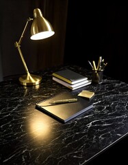 A sophisticated workspace featuring a black marble desk with gold inlays, a premium leather notebook, and a golden fountain pen. A warm, ambient glow from a designer lamp casts elegant shadows