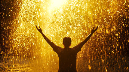 Obraz premium Silhouette of a person in a radiant downpour with arms outstretched, in a celebratory and uplifting posture.