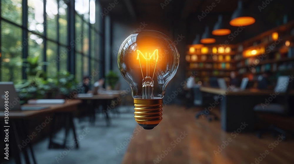 Poster illuminated light bulb floating in a modern workspace with people and greenery in the background