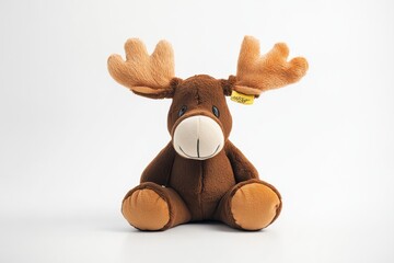 A cuddly plush moose sits cheerfully against a bright white background, inviting warmth and joy isolated on transparent background