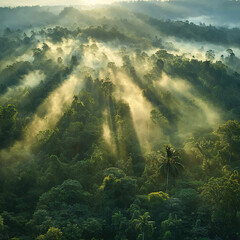 Morning mist rising over lush green forest natural landscape aerial view serene environment
