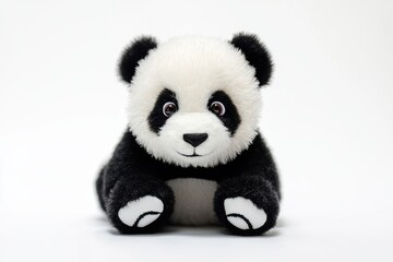 Adorable plush panda toy sitting on a clean white surface, inviting hugs and playtime joy isolated on transparent background