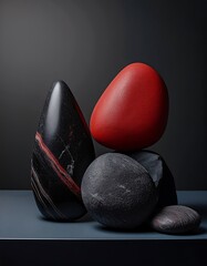 Bold minimalist still life arrangement of black, red, and neutral stones highlighting unique textures and shapes. Generative AI