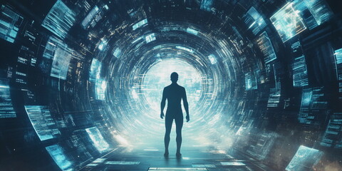 A male figure looks through a portal to a virtual world. Digitalization of life