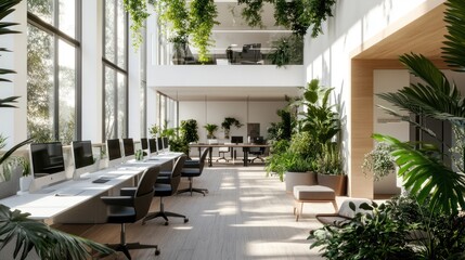 Modern office space, indoor plants, natural light, spacious, workstation