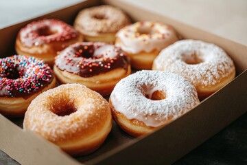 Delicious assorted donuts with colorful sprinkles and powdered sugar sitting in cardboard box