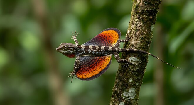 Gliding Forest Reptile Draco Lizard Extending Patagial Membranes in Rainforest Trees