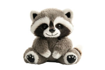 Fototapeta premium Adorable plush raccoon sits cheerfully against a soft white background, radiating charm and joy isolated on transparent background
