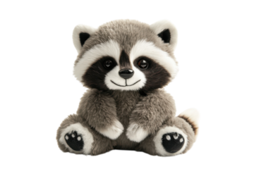 Adorable plush raccoon sits cheerfully against a soft white background, radiating charm and joy isolated on transparent background
