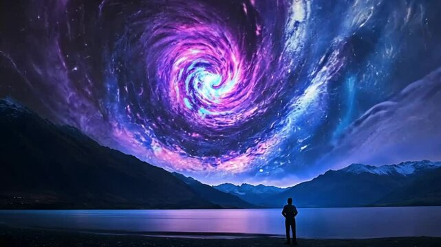 Man contemplates swirling galaxy above mountain lake