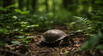 Terrestrial Shell Dweller Eastern Box Turtles Wandering Through Woodland Undergrowth