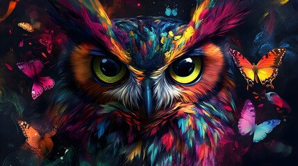 Bright artistic owl illustration with glowing eyes and feathers