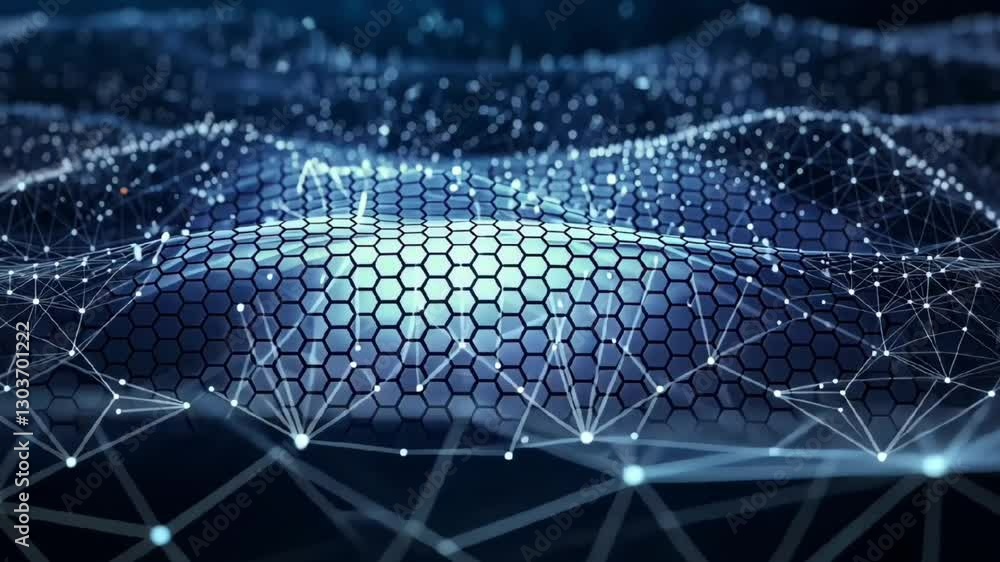 Poster futuristic digital hexagonal grid with glowing blue network connections representing technology inno
