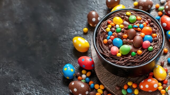 Colorful chocolate easter nest with eggs kitchen table food photography natural light top view celebration theme