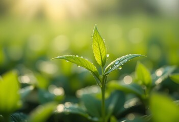 Obraz premium Close-up of a young plant in morning light. Fresh leaves and dewdrops symbolize growth, new beginnings, agriculture, and eco-living.