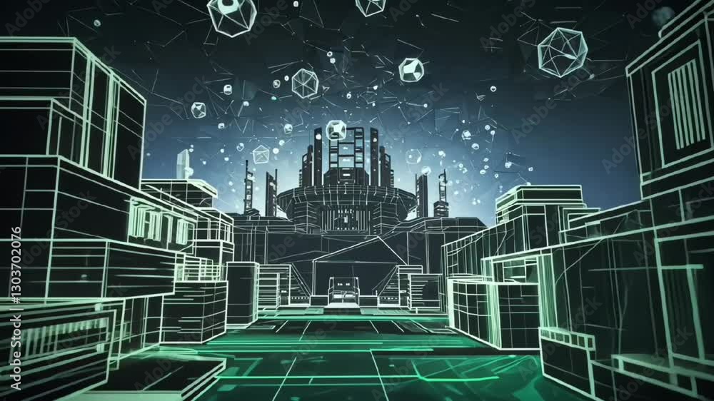 Aufkleber futuristic sci-fi city with digital grid and holographic network showcasing high-tech cyber architec