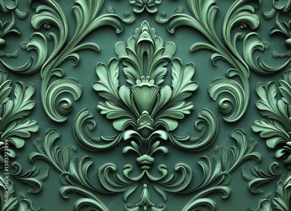Poster elegant intricate relief pattern in muted green tones showcasing floral and scroll design ideal for 