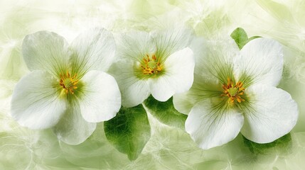 Three Delicate White Flowers With Yellow Centers On A Green Background, Airbrush Technique, Close Up