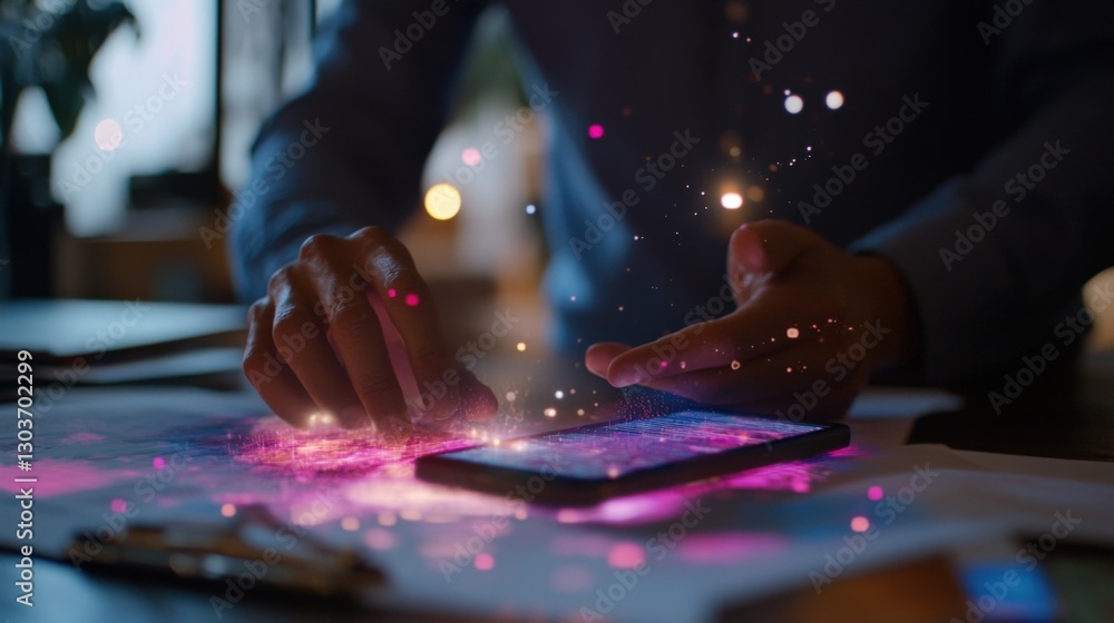 Poster businessman is interacting with futuristic holographic interface projected from smartphone, manipula