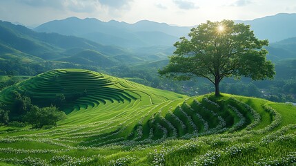Sunlit tree on terraced rice fields, mountain backdrop, idyllic landscape, travel poster
