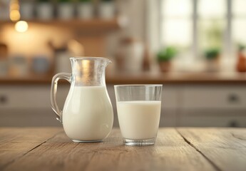Fresh and Creamy Milk in a Glass and a Pitcher on a Wooden Table, Rustic Kitchen Background Ideal for Food and Beverage Promotion