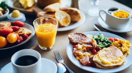 A delightful breakfast spread features fluffy pancakes, fresh fruits, scrambled eggs, and steaming coffee, all beautifully arranged on a table filled with warmth and flavor