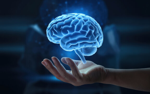 A futuristic concept photo of a hand holding a blue glowing brain, symbolizing artificial intelligence, deep learning, and data-driven neural processing in a cybernetic environment