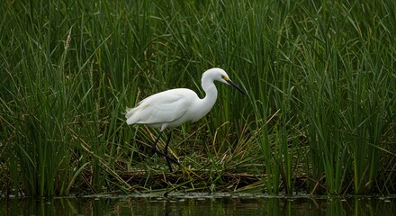 Fototapeta premium Graceful Wetland Wader Egrets Foraging Among Reeds in Marsh and Lake Environments