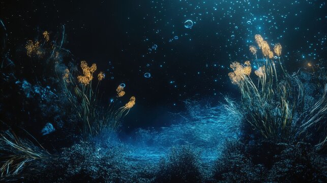Deep Sea Scene With Bioluminescent Creatures In Dark