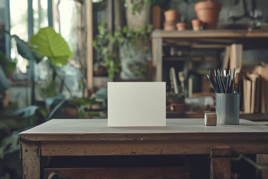 Blank Card on Rustic Wooden Table