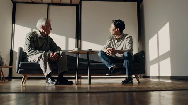 Cinematic mid-range shot of a 70-year-old father and 40-year-old son in a modern Japanese home. Seated in a warm, minimalist interior, they share a heartfelt conversation over tea.