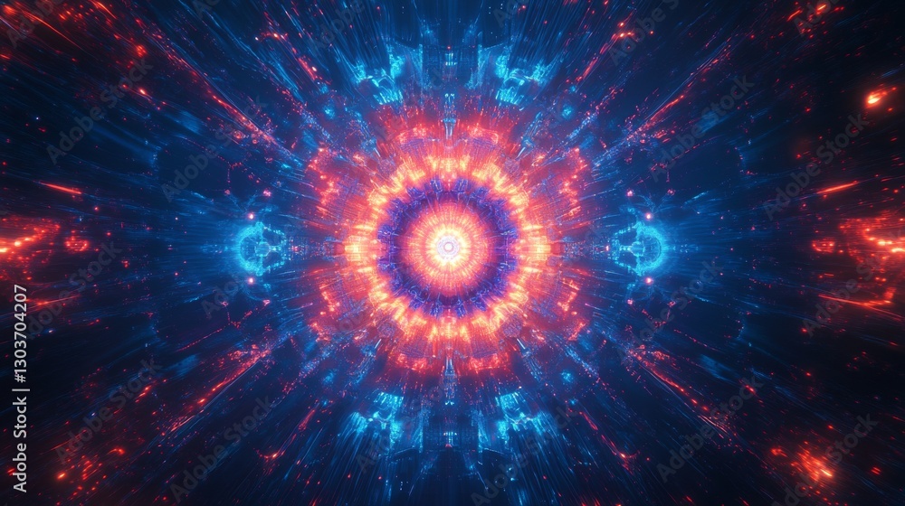 Poster colorful abstract circular pattern radiating from a central bright source