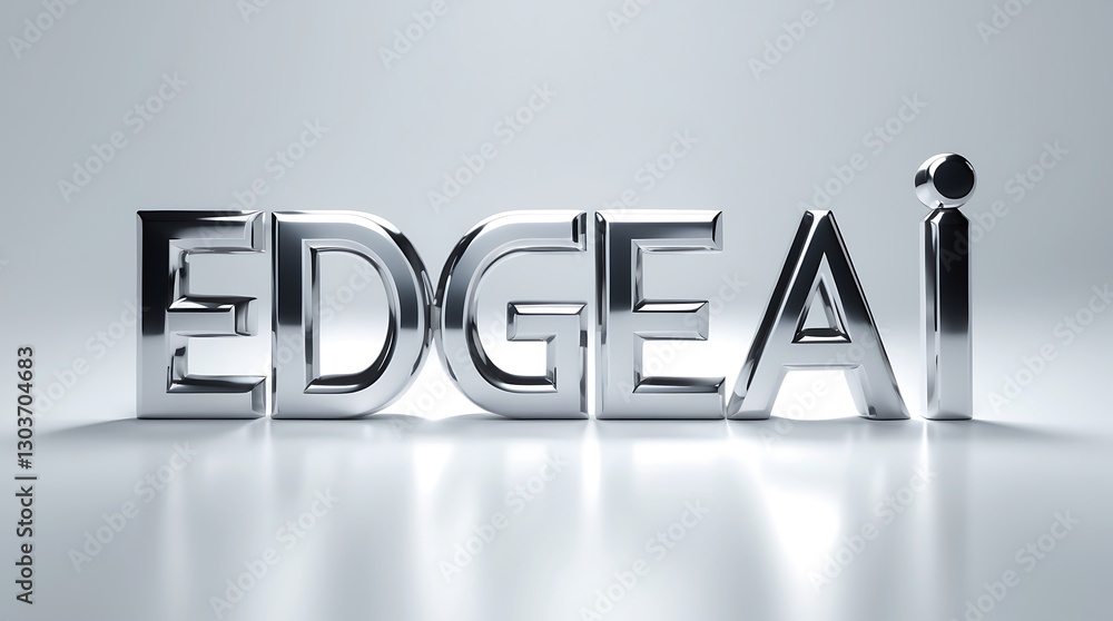 Poster polished metallic letters spelling edgeai on a reflective surface in a modern setting