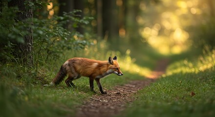 Fox Stalking Prey at Forest Edge with Natural Woodland Background