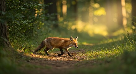 Fox Stalking Prey at Forest Edge with Natural Woodland Background