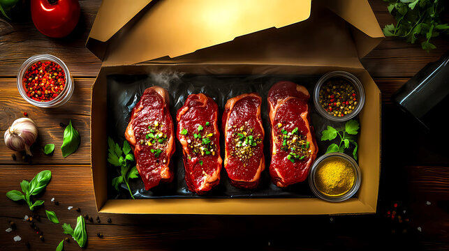 A fresh red steak lies in a craft cardboard box on the kitchen table top view. Delivery of raw meat for a dinner Cooking process. Herbs and spices.