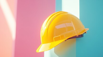 Fototapeta premium Bright yellow hard hat against pastel backdrop. Ideal for construction, safety, or work themes.