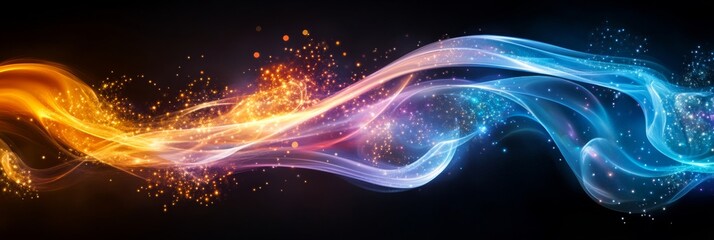 Obraz premium Abstract Glowing Waves of Orange and Blue Light Trails, Sparkles, Energy Concept Background