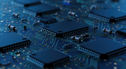 Close-up of Blue Circuit Board with Microchip and Semiconductor Components for Modern Electronics