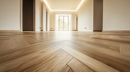 Empty herringbone parquet floor mockup with a bright, modern interior view from a low angle
