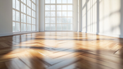 Fototapeta premium Spacious modern room with a blank wall and wooden herringbone floor illuminated by natural light