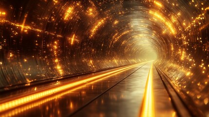 An illuminated tunnel showing a futuristic perspective with bright lights