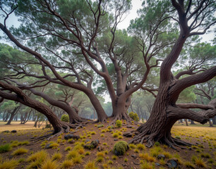 Patagonian wind-sculpted trees. Permanently bent trunks lean eastward, shaped by relentless winds across the rugged landscape