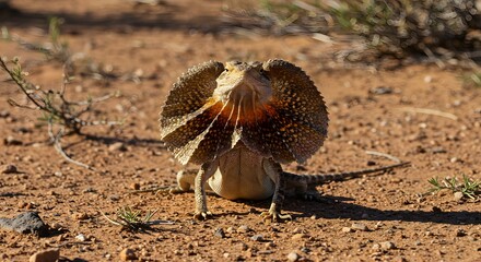 Frilled Lizard Displaying Frills in Arid Scrubland with Natural Desert Background